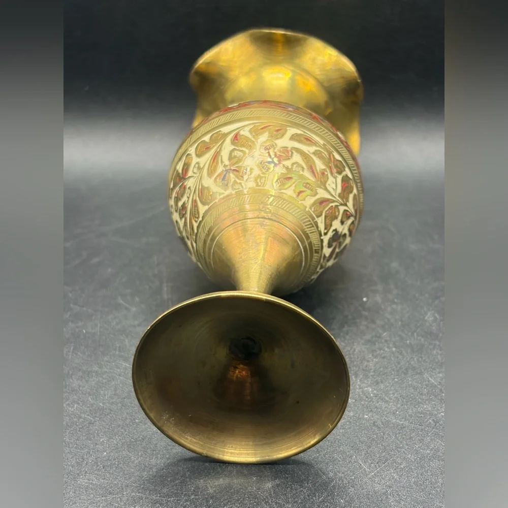 Vintage Etched Enamel Brass Ruffle Rim Bud Vase Table Vase Boho Eclectic Decor - Picture 7 of 14